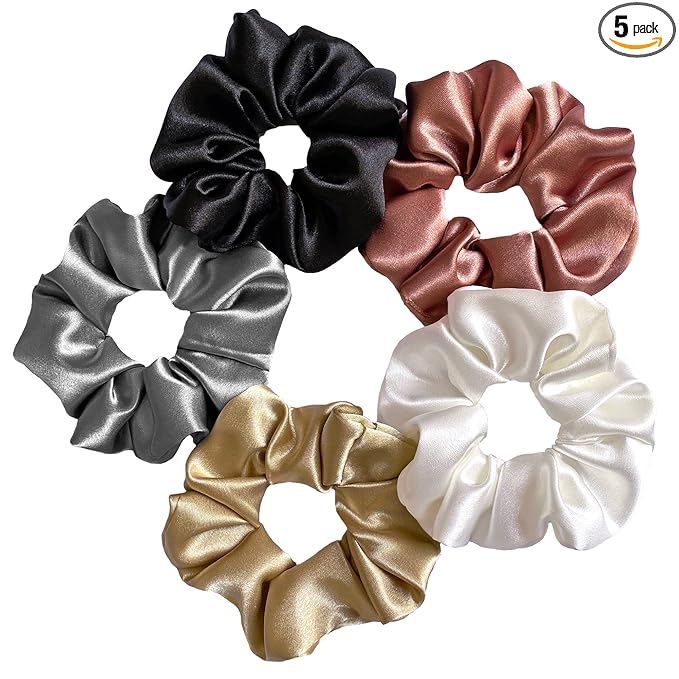 SILVR BEAR Luxury Satin Scrunchies SAME 5 COLORS AS PIC, Anti-Hair-Breakage, Hair Ties, Scrunchies Set for Girls, Women, Best gift for Sister, Friend, Mom (Classic Shades)